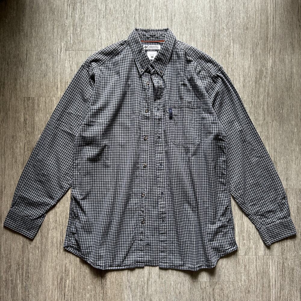 Columbia Gray/Black/White Plaid Long Sleeve Cotton Button Down Shirt Size Large